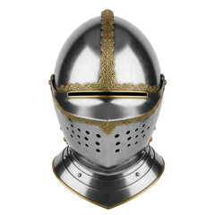 Detailed knight helmet illustration, medieval armor head protection, steel and gold design, renaissance era, historical artifact, isolated on transparent background