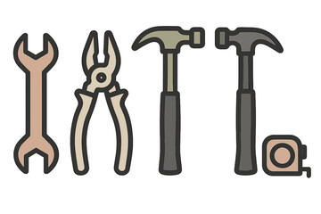 Collection of essential construction and repair hand tools including wrench, pliers, hammers, and tape measure