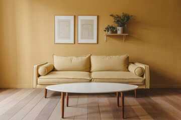 Obraz premium Modern minimalist living room interior with a stylish yellow fabric sofa oval white coffee table and abstract framed art on a warm mustard wall