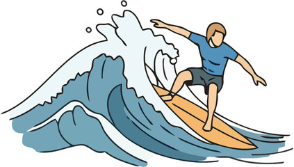 Fototapeta premium summer vibe surfing, adventurous unfazed, clean outline, minimal flat color style, plain white background