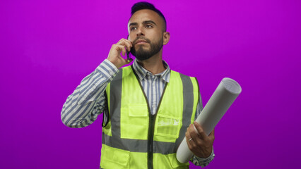 Young man in high visibility vest and striped shirt holding rolled blueprint and talking on phone to ear in studio with vibrant purple backdrop; determination planning.