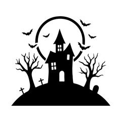  Vector art of spooky haunted house silhouette with bats and bare trees