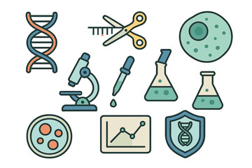 DNA helix, microscope, chemical flasks, and gene editing scissors in a set of biology laboratory tools