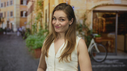 Woman in white sleeveless top points finger to face amid cobblestone street cafe setting; skepticism.