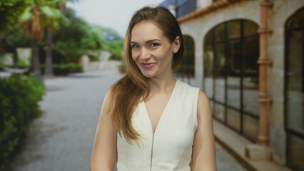 Young woman smiling in white dress on sunlit cobblestone street by arched building windows  happiness. © Krakenimages.com