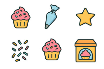 Sweet dessert and baking icons featuring frosted cupcakes, sprinkles, and pastry tools
