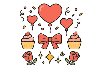 Set of romantic elements with heart balloons, festive bow, sweet cupcakes, and red roses