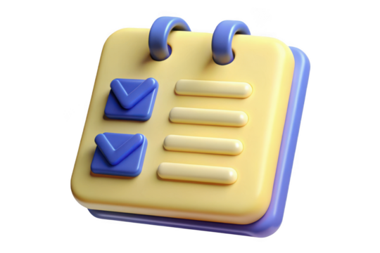 3d rendered yellow notepad with blue checkmarks, task list, planning, and organization isolated on transparent background