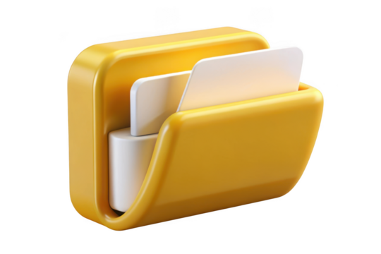 3d yellow file folder icon illustration, data storage, document management, organization, information, isolated on transparent background