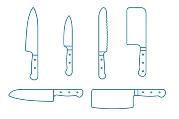 Professional kitchen knives set including chef utility bread and cleaver in outline style