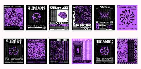 Big collection of futuristic Y2K pixel posters with neon green and black glitch effects. Cybercore, digital chaos, and distorted typography for tech and aesthetic design projects