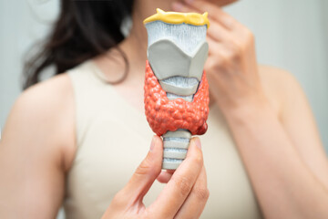 Hyperthyroidism, Overactive Thyroid, Thyroid Lymphoma, Asian woman with thyroid gland human anatomy...