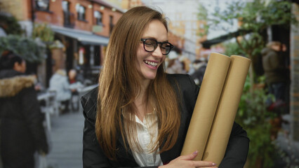 Young caucasian woman wearing glasses smiling brightly holds cardboard tubes on city street;...