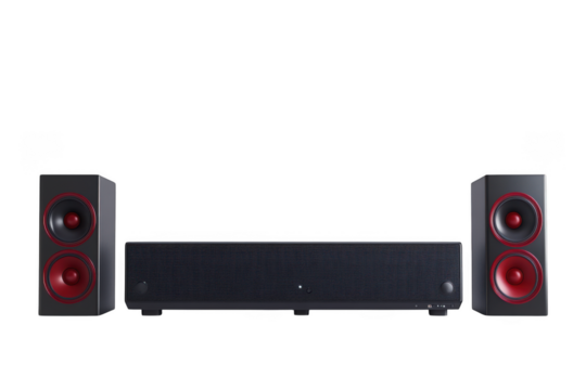 Premium home theater audio system with speakers and soundbar png image for design projects, high-quality sound system isolated on transparent background