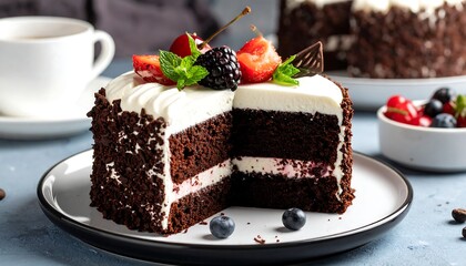 Cut chocolate cake with whipped topping, strawberries, cherries, and mint, sitting on a plate with coffee and berries