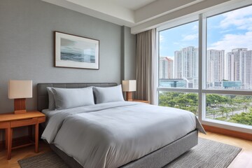 Fototapeta premium Modern bedroom with city view and large windows.