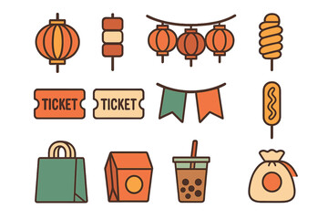 Colorful set of traditional lanterns, event tickets, street snacks, and shopping bags