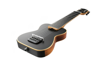 High-resolution image of a black traveler guitar, perfect for musicians and composers, musical instrument stock photo, isolated on transparent background