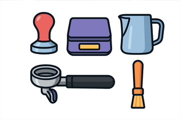 Professional espresso making equipment set including tamper scale milk pitcher and portafilter