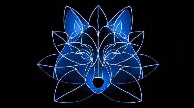 Abstract neon wolf design animation artistic render of a glowing animal head on black