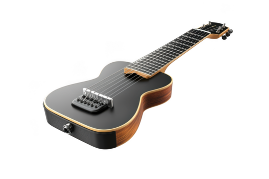 High-resolution image of a black traveler guitar, perfect for musicians and composers, musical instrument stock photo, isolated on transparent background