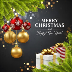 Elegant Christmas Greeting Card with Gold and Red Ornaments and Festive Gift Boxes