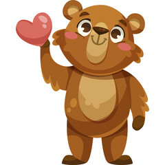 Cute Cartoon Bear Holding a Pink Heart Shape Object with a Happy Expression and Blush Cheeks on a Transparent Background