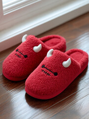Cute red fuzzy slippers with horns on a wooden floor.