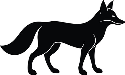 fox silhouette icon. Black silhouette of a fox standing alert with a bushy tail and pointed ears against a white background