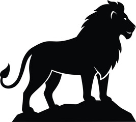 lion silhouette icon. Majestic black silhouette of a male lion standing proudly on a rocky outcrop