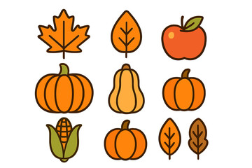 Autumn harvest symbols set featuring pumpkins, maple leaves, corn, and apples