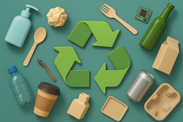 Recycling concept with eco friendly materials including paper plastic glass and metal waste for sustainable environment