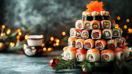 Christmas tree shaped sushi and rolls on a wooden stand with blurred Christmas tree with lights and ornaments in the background creating a festive atmosphere. Banner, copy space