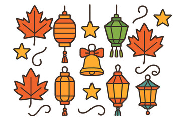 Decorative set of autumn and holiday elements including maple leaves, festive lanterns, stars, and a golden bell