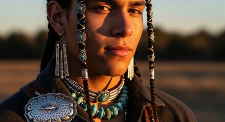 Handsome Native American man portrait with traditional turquoise jewelry and braids. Indigenous model with pride and cultural heritage. Strong confident gaze at sunset light.