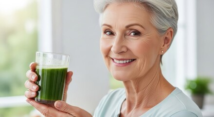 Healthy senior woman smiling, holding a glass of green vegetable detox smoothie. Concept of wellness, vitality, active lifestyle, nutrition, healthy aging, and vegetarian diet.