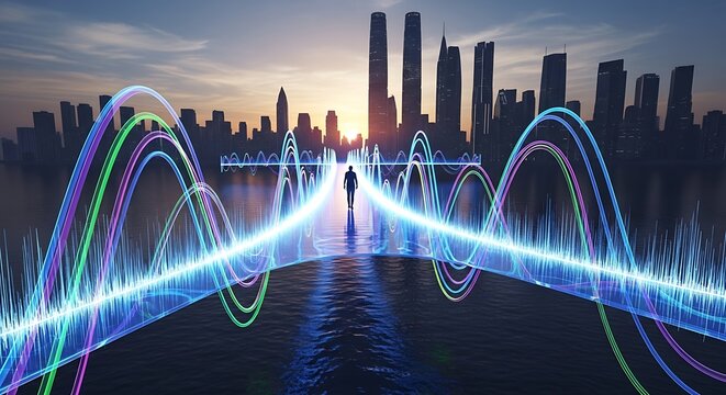 Futuristic Cityscape with Glowing Sound Waves and Silhouette of a Person.