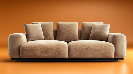 Modern beige velvet sofa on an orange and brown background.