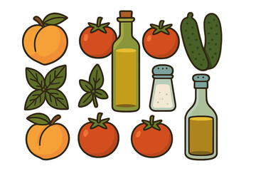 Assortment of fresh produce, herbs, and kitchen staples including olive oil and salt shakers