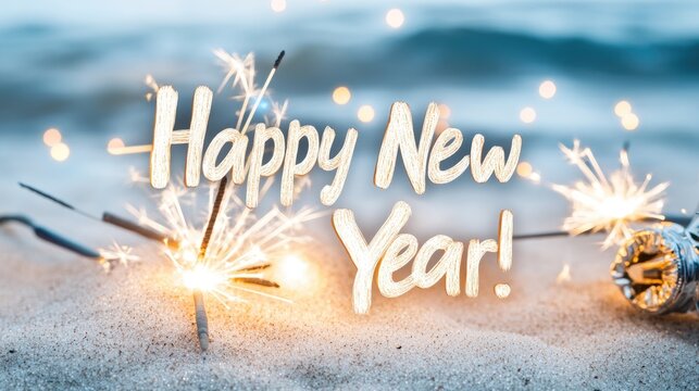 Happy new year celebration with sparklers on the beach at sunset