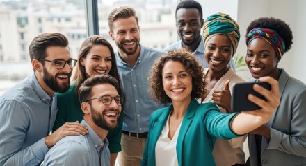 Happy diverse business team taking selfie in office. Multi-ethnic group of successful colleagues smiling together. Concept of teamwork, unity, corporate culture and success.