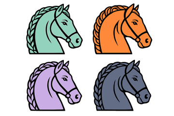 Stylized horse head portraits with braided manes in mint, orange, lavender, and gray colors