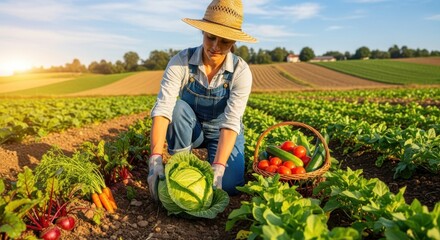 Farmer woman harvesting fresh organic vegetables on a farm. Healthy food concept. Gardener picking cabbage, carrots, and tomatoes. Agricultural field at sunset. Sustainable living.