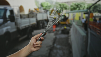 Hand holding whisk in front of a construction site with trucks on a busy street under a clear sky, showcasing an unexpected blend of kitchen and urban outdoor environments.