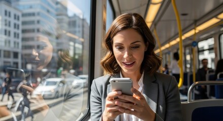 Businesswoman commuting on public transport using a smartphone. Happy professional female entrepreneur typing a message on her mobile phone on her way to work in a city tram.