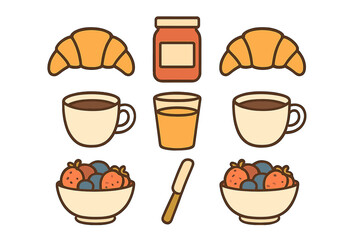 Classic breakfast collection featuring pastries, hot beverages, fruit, and preserves