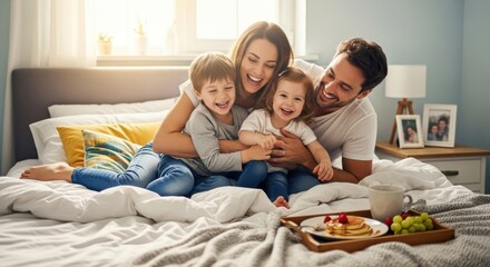 Happy family having fun in bedroom. Parents with son and daughter laughing in bed. Joyful morning, breakfast with pancakes. Concept of love, togetherness, and cozy home life.