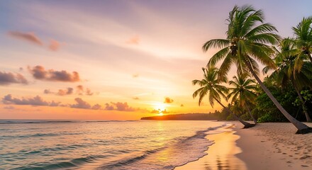 A breathtaking tropical beach at sunset with palm trees silhouetted against a vibrant orange and pink sky, gentle waves lapping the shore.