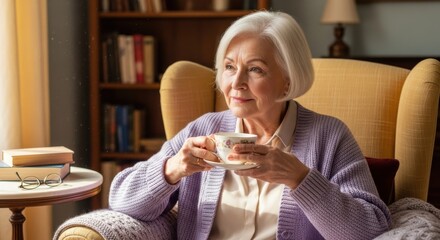 Pensive senior woman relaxing in a cozy armchair, holding a tea cup. Peaceful retirement lifestyle concept. Elderly grandmother enjoying a quiet, calm moment at home alone.