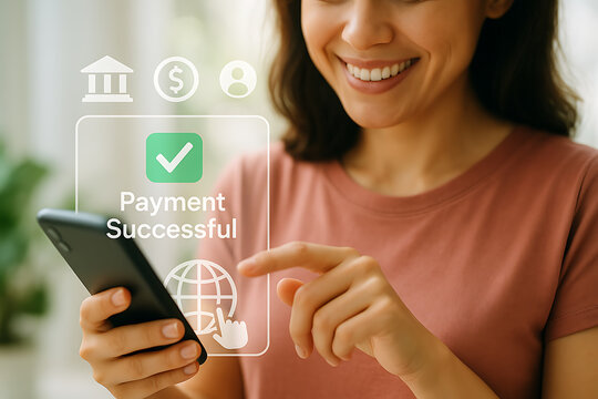 Smiling young woman using smartphone showing payment successful confirmation representing secure digital transaction technology